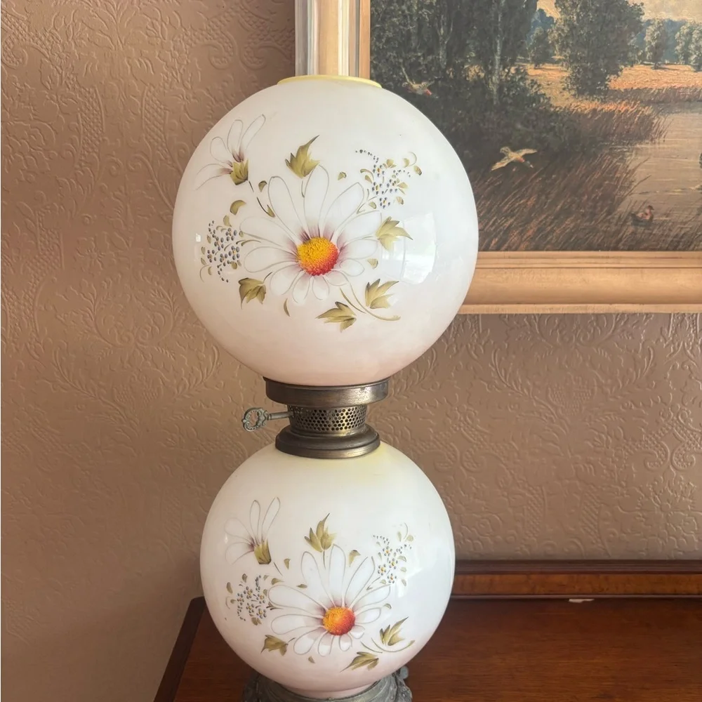 Vintage Floral Glass Table Lamp - White with Yellow and Green Accents
